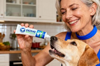 Femme souriante tenant un tube de dentifrice enzymatique pour chien dans une cuisine bien éclairée, collier bleu visible