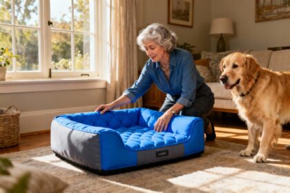 Femme de 50 ans interagissant avec un golden retriever près d'un panier chien orthopédique bleu dans un intérieur chaleureux