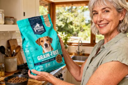 Femme de 55 ans tenant un sac de croquettes sans céréales pour chien dans une cuisine lumineuse