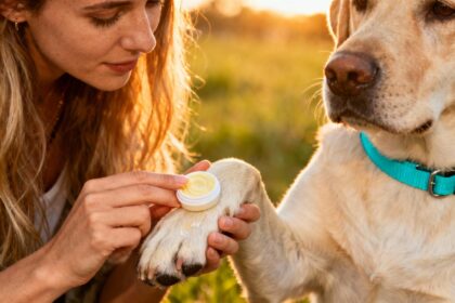 Main féminine appliquant délicatement un baume protecteur sur la patte d'un labrador avec un collier turquoise visible