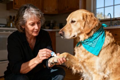 Femme appliquant une crème cicatrisante sur la patte arrière d'un golden retriever portant un bandana turquoise