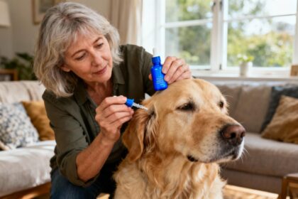 Femme de 50 ans appliquant des gouttes bleues dans les oreilles d'un golden retriever dans un intérieur chaleureux