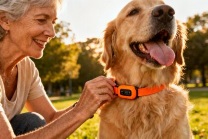 Femme âgée attachant un collier GPS orange vif à un golden retriever dans un parc ensoleillé