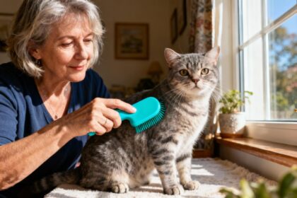Femme de 55 ans brossant doucement son chat européen à poil court avec une brosse turquoise dans un intérieur chaleureux