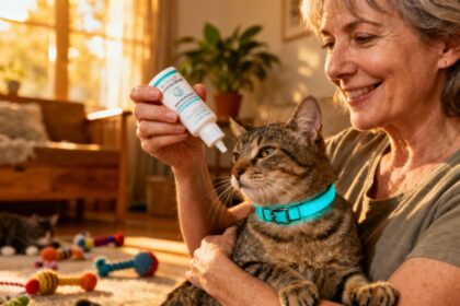 Femme européenne souriante tenant un calmant pour son chat stressé dans un intérieur chaleureux