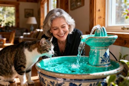 Femme souriante observant son chat boire dans une fontaine à eau turquoise, intérieur chaleureux avec éléments en bois