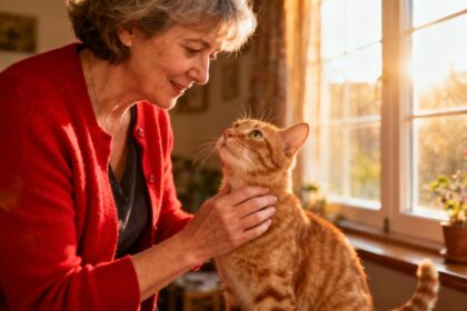 Femme de 55 ans en cardigan rouge interagissant tendrement avec un chat roux dans une pièce lumineuse