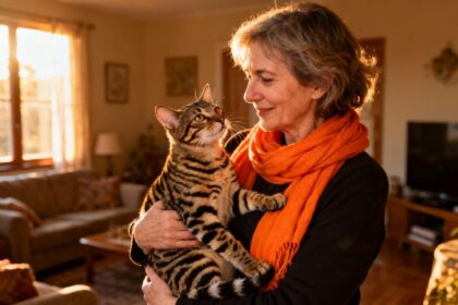 Femme européenne de 55 ans tenant un chat tigré dans un salon ensoleillé, portant une écharpe orange vibrante