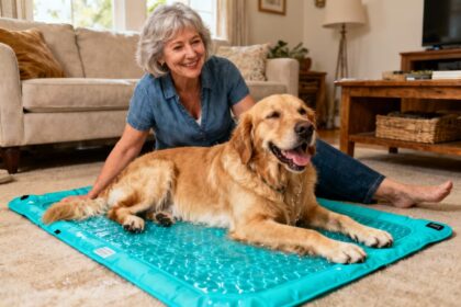 Femme souriante avec son golden retriever allongé sur un coussin rafraîchissant turquoise dans un intérieur cosy
