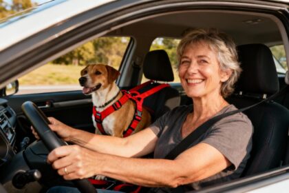 Femme souriante au volant avec chien attaché par un harnais de sécurité rouge vif sur la banquette arrière