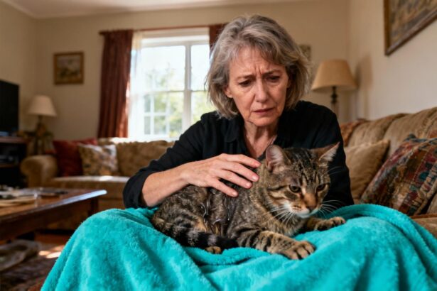 Femme européenne de 55 ans réconfortant un chat tigré en détresse sur une couverture turquoise dans un salon