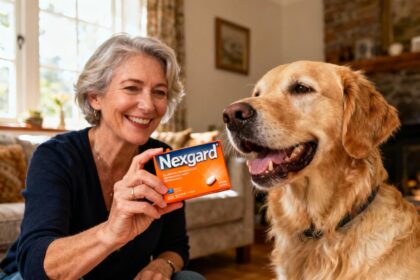 Femme de 55 ans donne un comprimé Nexgard à un golden retriever heureux dans un intérieur chaleureux