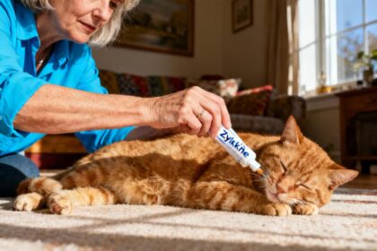Une femme de 55 ans donne calmement du complément Zylkène à un chat gingembre détendu dans un intérieur chaleureux