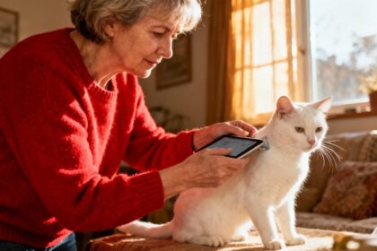 Femme âgée en pull rouge donnant un comprimé à un chat blanc dans un intérieur chaleureux éclairé par la lumière naturelle