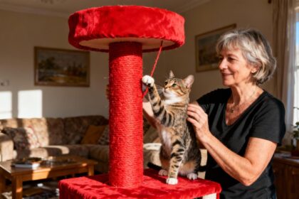 Femme européenne de 55 ans jouant avec son chat sur un arbre à chat rouge dans un salon naturellement éclairé