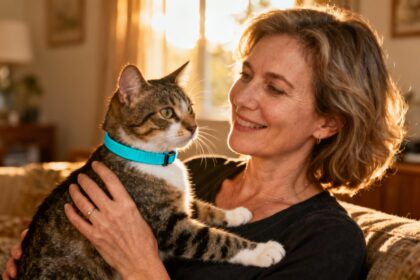 Femme de 45 ans caressant un chat domestique portant un collier anti-puces bleu turquoise dans un intérieur lumineux