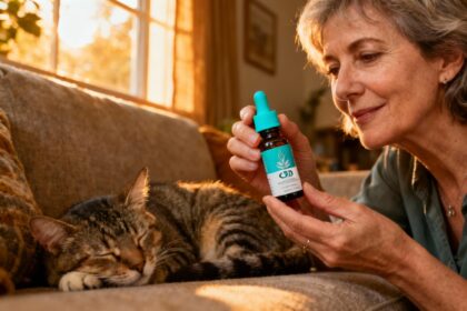 Femme de 55 ans tenant un flacon d'huile cbd pour chat, avec un chat endormi sur le canapé dans une lumière dorée