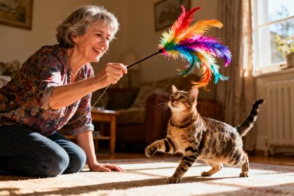 Femme européenne de 55 ans jouant avec son chat à l'aide d'une plume multicolore dans un intérieur lumineux