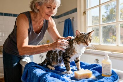 Femme de 55 ans lavant délicatement son chat avec un savon naturel dans une salle de bain, serviette bleue vibrante