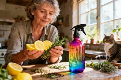 Femme de 55 ans préparant un répulsif naturel pour chats avec des tranches de citron et du romarin dans une cuisine rustique