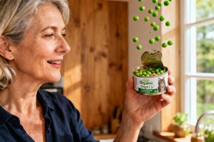 Femme de 55 ans tenant une boîte ouverte de pâtée bio pour chat avec garniture de pois verts, dans une cuisine naturelle