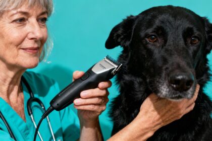 Femme professionnelle tenant délicatement une tondeuse noire pour chien devant une table de toilettage turquoise