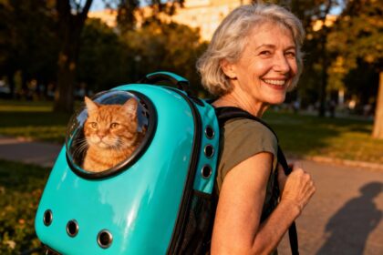 Femme souriante de 60 ans porte un sac à dos turquoise avec un chat roux visible à travers la fenêtre transparente