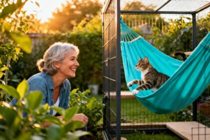 Femme de 50 ans souriante regardant son chat jouer dans un enclos extérieur sécurisé avec hamac turquoise et plantes vertes