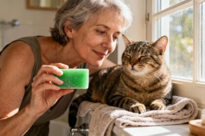 Femme souriante tenant un savon bio vert pour chat, assise à côté de son chat détendu dans une salle de bain