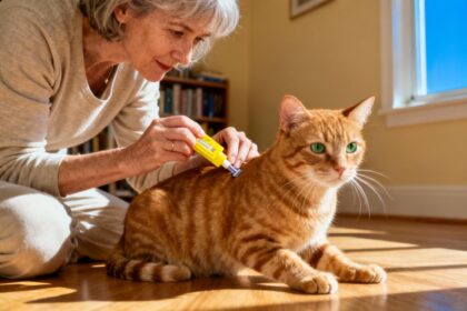 Femme de 55 ans appliquant soigneusement une pipette anti puce sur un chat orange, packaging jaune vif visible