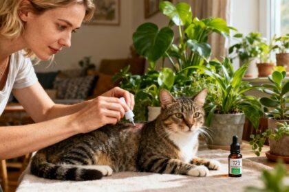 Femme européenne appliquant un traitement antipuce naturel sur son chat, entourée de plantes vertes et d'une bouteille d'huile essentielle