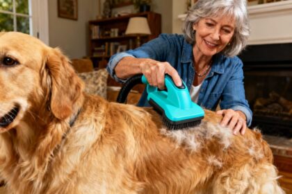 Femme de 50 ans utilisant une brosse aspirante turquoise sur un golden retriever dans un intérieur chaleureux