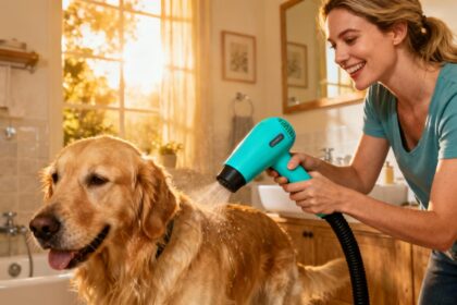 Femme utilisant un pulseur turquoise pour sécher un golden retriever dans une salle de bain éclairée par la lumière dorée