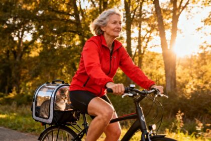 Femme de 55 ans en veste rouge cycliste avec sacoche transparente pour chat attachée au vélo