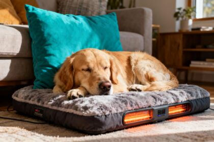 Golden retriever allongé confortablement sur un coussin chauffant teinté de bleu-vert dans un intérieur chaleureux