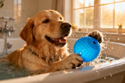 Golden retriever dans une baignoire jouant avec un jouet bleu, éclaboussures d'eau et lumière naturelle