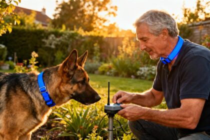 Homme de 50 ans installant un système de clôture anti-aboiement dans un jardin avec un berger allemand portant un collier bleu brillant