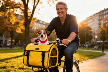 Homme de 55 ans à vélo avec sacoche jaune pour chien fixée au guidon, petit chien visible à l'intérieur avec collier rouge