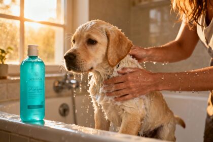 Jeune labrador de 3 mois baigné avec soin par une femme, utilisant un shampoing turquoise dans une salle de bain éclairée naturellement