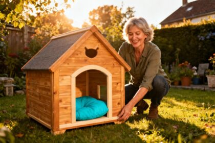 Maison en bois pour chat avec coussin turquoise dans un jardin, arrangée par une femme souriante lors du coucher de soleil