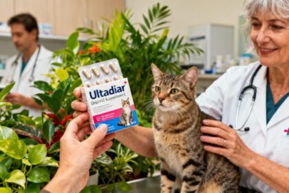 Boîte de complément alimentaire Ultradiar pour chats tenue par une vétérinaire dans un cabinet, avec des plantes vertes en arrière-plan
