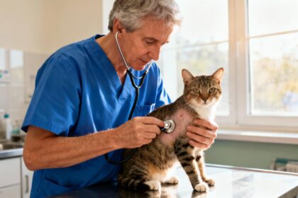 Vétérinaire en blouse bleue examinant attentivement la peau d'un chat avec un stéthoscope dans une clinique
