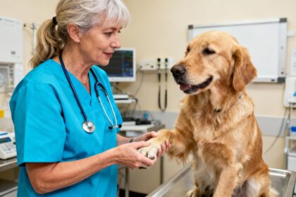 Femme vétérinaire en bleu examinant la patte d'un chien golden retriever dans une clinique vétérinaire