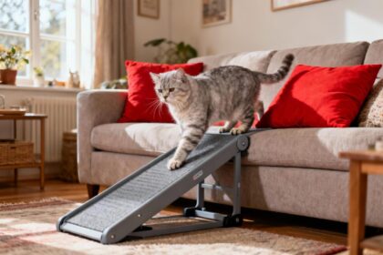 Chat âgé gris utilisant une rampe d'accès grise pour monter sur un canapé avec coussin rouge, intérieur chaleureux