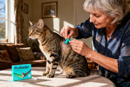 Femme de 55 ans appliquant délicatement le traitement Profender entre les omoplates de son chat domestique