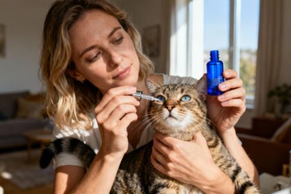 Femme européenne appliquant délicatement un sérum bleu sur les yeux de son chat dans un intérieur chaleureux