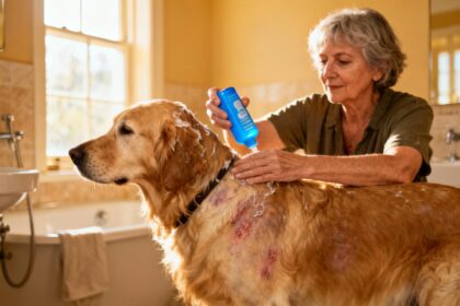 Femme européenne de 50 ans appliquant un shampoing bleu sur un golden retriever avec irritation cutanée dans une salle de bain lumineuse