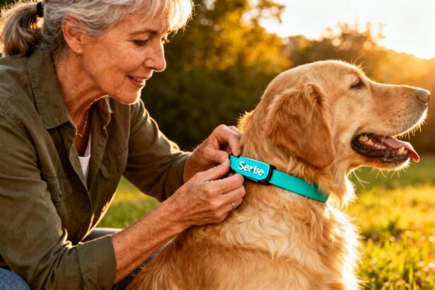 Femme de 50 ans ajustant un collier Seresto turquoise sur un golden retriever en extérieur