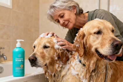 Femme de 55 ans baignant doucement un golden retriever avec un shampoing hypoallergénique turquoise dans une salle de bain