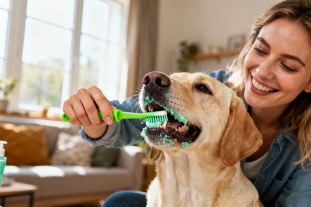 Femme souriante brossant les dents de son labrador avec une brosse à dents verte et dentifrice menthe dans un intérieur chaleureux